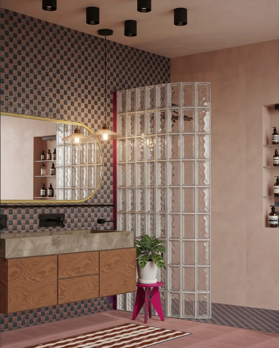 Salle de bain rose, mosaïque en damier, cloison en briques de verre et meuble vasque en bois