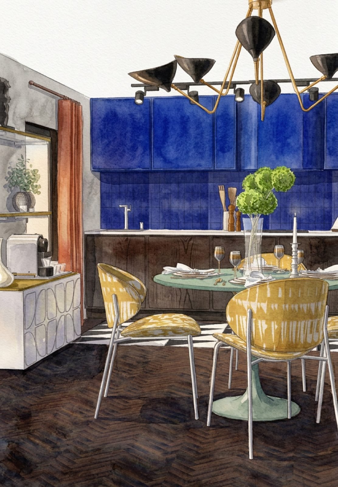 Aquarelle d'une cuisine aux placards bleu outremer, table ronde vert d'eau et chaises moutarde