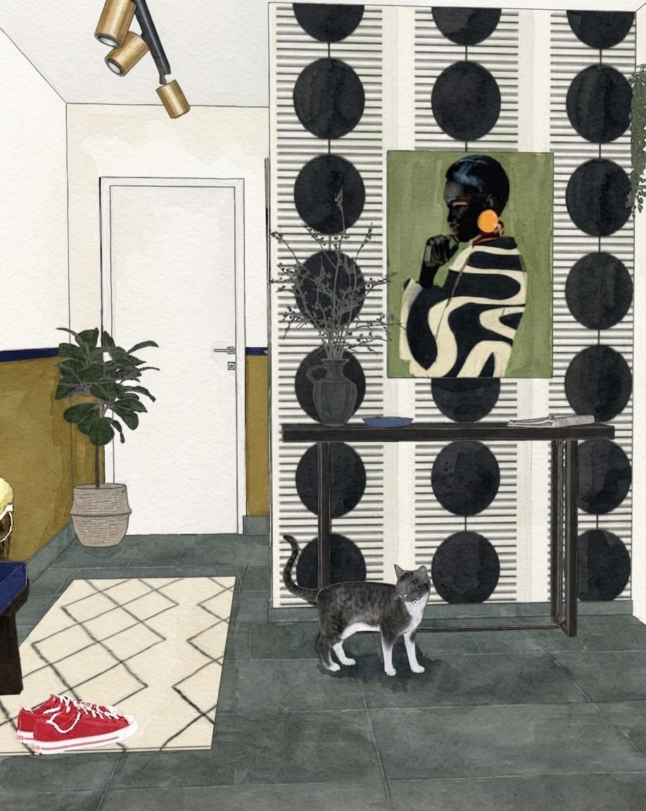 Aquarelle d'une entrée avec papier peint à grands ronds noirs, console, portrait sur fond vert et soubassement moutarde